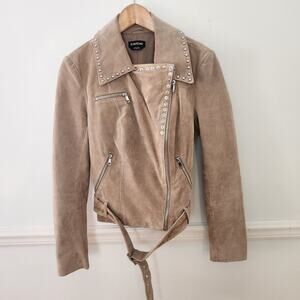 READ Bebe Suede Moto Jacket Size Small Womens Pig Suede Studded Cream Tan Biker